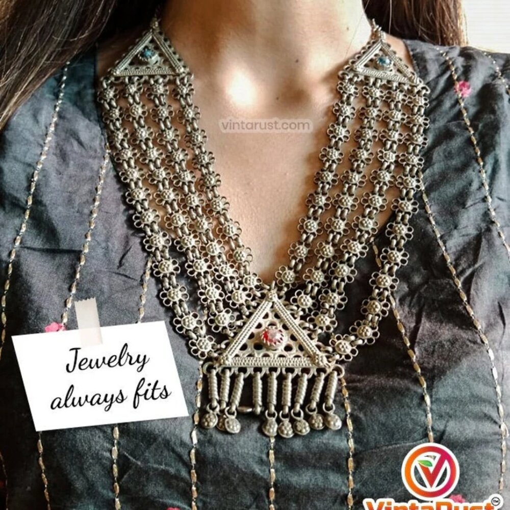 Afghan Kuchi Bib Necklace: Rustic Silver Boho Jewelry